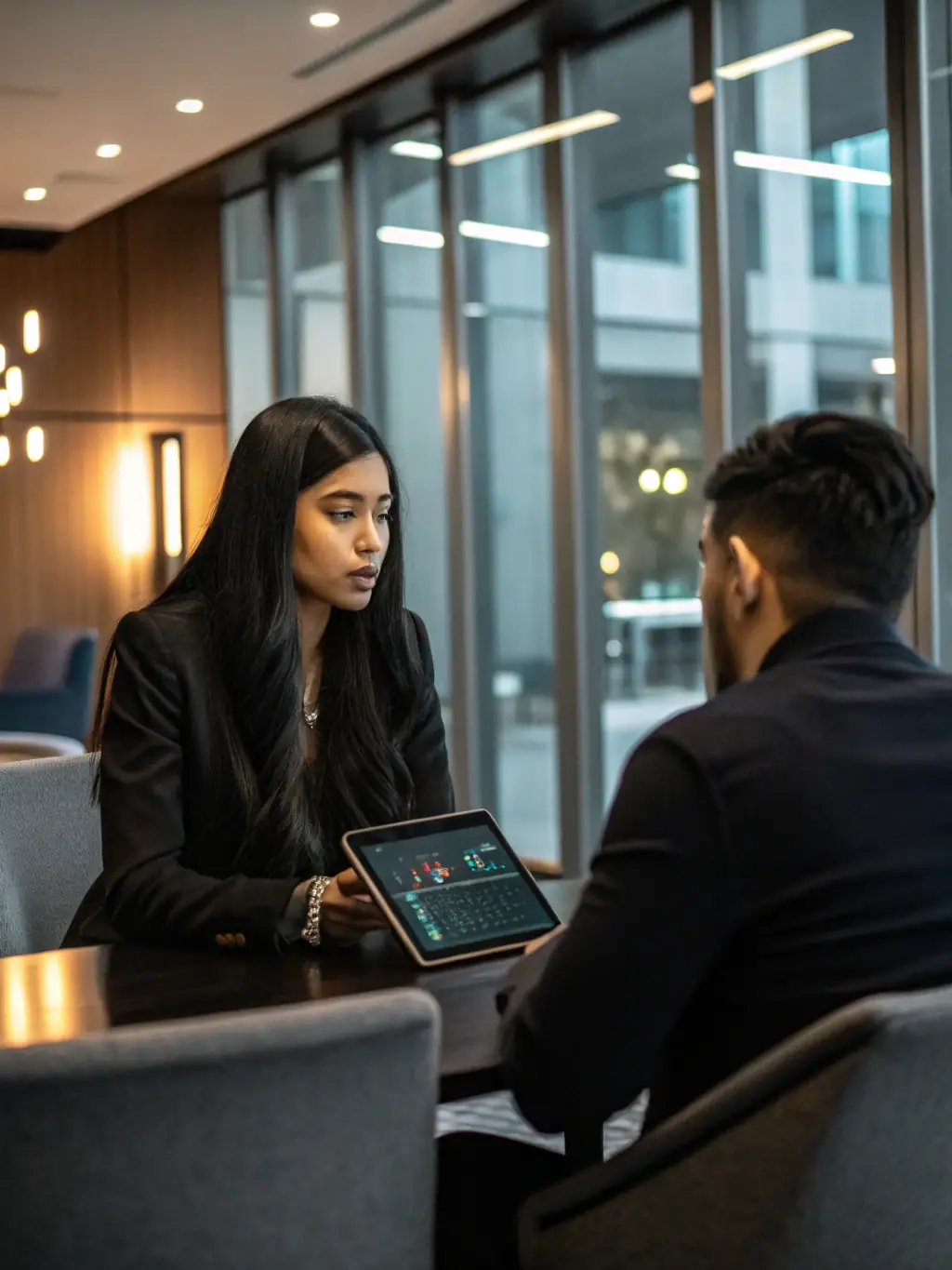 A professional cybersecurity consultant is providing strategic advice to a client in a modern office setting, emphasizing the personalized approach of Vciso Group's Virtual CISO services.